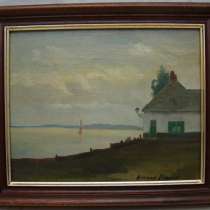 Картина пейзаж Дом у реки винтажная (W359), в Москве