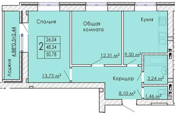 2-комнатная квартира 50,78 кв. м в Краснодаре