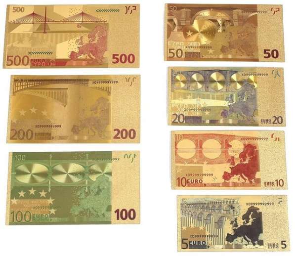 Набор из 7 позолоченных сувенирных банкнот 5-500 евро в Санкт-Петербурге фото 4
