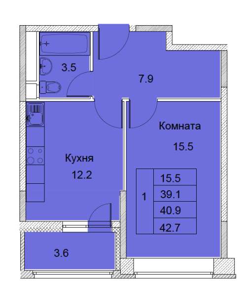 1-к квартира, улица Советская, дом 6, площадь 40,9, этаж 9